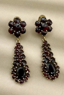 Vintage NORM Gold Granatschmuck Ohrringe Clips Granat Steine Blume Schmuck - Bild 1 von 4