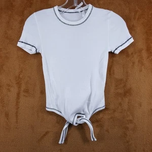 HELMUT LANG Top Womens Small White Pullover Crew Ribbed Fitted Tie Front Tee - Picture 1 of 7