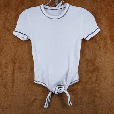 HELMUT LANG Top Womens Small White Pullover Crew Ribbed Fitted Tie Front Tee - Image 1 of 4