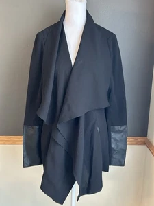 Rudsak Open Front Drape Jacket Black Polyester Leather Trim NO BELT Size Medium - Picture 1 of 8