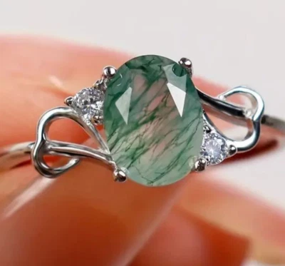 Certified Natural Water grass agate and chalcedony Ring Women Men plate silver - Image 1 of 4
