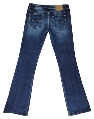 Jeans feminino Cult of Individuality tamanho 28 lavagem escura elástico pernas alargadas desgastadas - Imagem 1 de 4