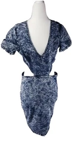 Vtg Acid Washed Styled Midriff Cut-Out Crop Denim Bodycon Dress By Vibrant - Picture 1 of 7