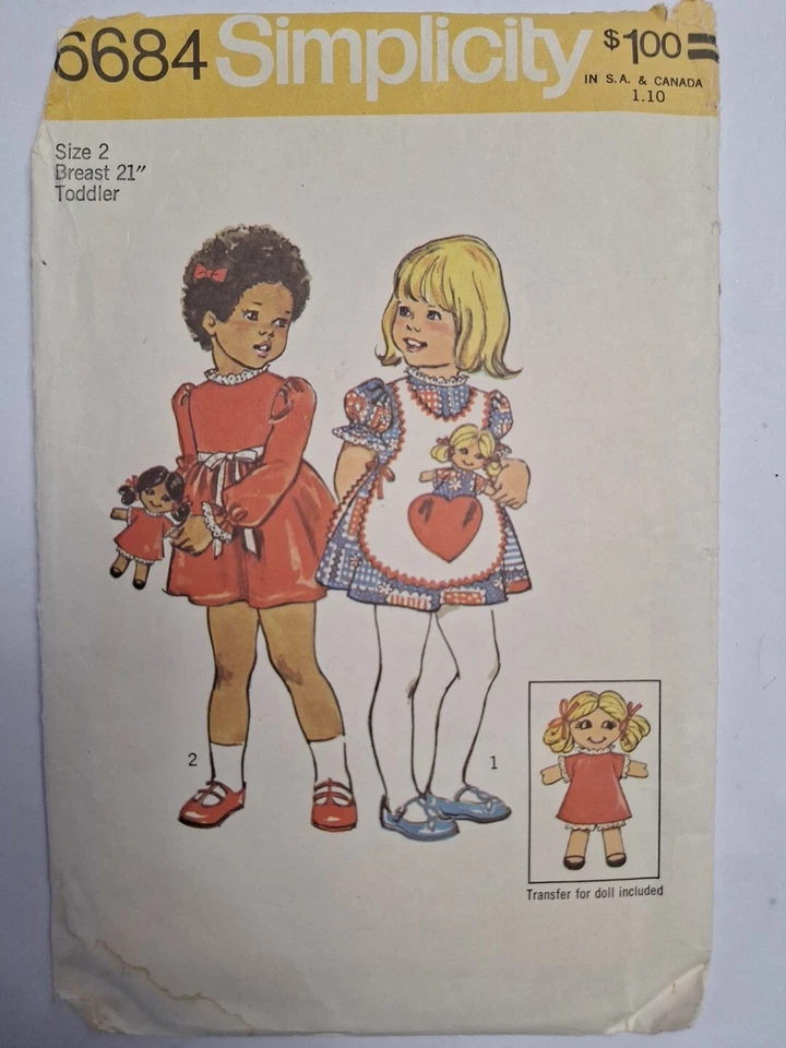 Dress Apron Doll Transfer Girls 2 NO SLEEVES Simplicity 6684 Sewing Pattern VTG - Image 1 of 4