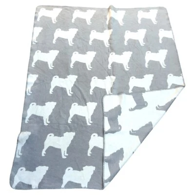 INUP HOME Fine Linens Pug Puggle Dog Gray THROW BLANKET Reversible 50x67 Puppies - Image 1 of 3