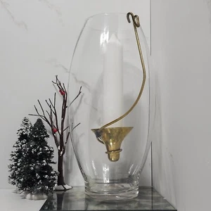 Vintage Large Clear Glass Hurricane Vase Hanging Brass Taper Candlestick Holder - Picture 1 of 3