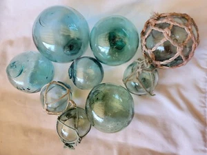 Japanese Glass Fishing FLOATS (9) MIX: Size/Hues ALL Makers Marks Antique USA BZ - Picture 1 of 14