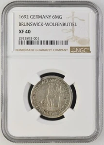 1692 German States Brunswick-Wolfenbuttel. 1/6 Taler 6MG. NGC XF 40 - Picture 1 of 2