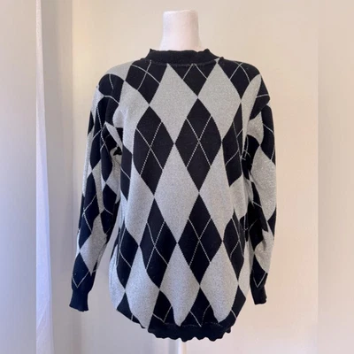Vintage ‘90s Joyce Black & Silver Sparkle Argyle Print Sweater - Image 1 of 4