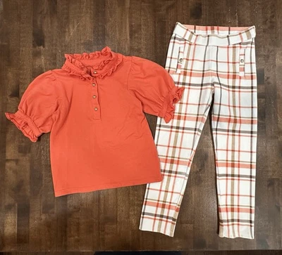 Janie and Jack Girls Sz 6 Fall Outfit Orange Ruffle Top Plaid Ponte Pants Brown - Image 1 of 4