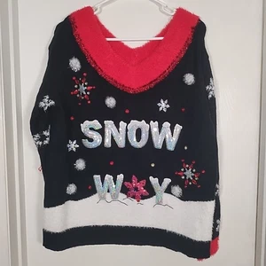 Ugly Christmas Pullover Damen L (12-14) schwarz rot Schneetag Pailletten Strass  - Bild 1 von 8