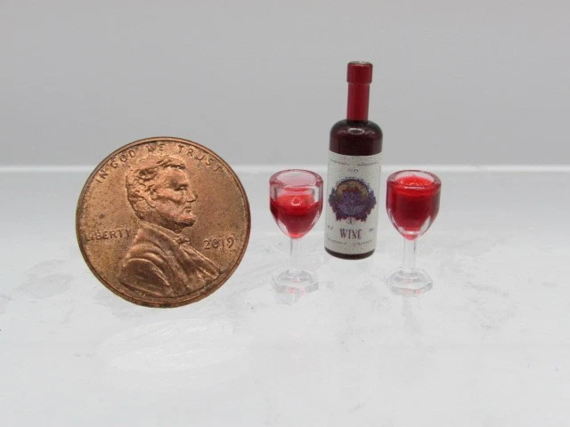 Botella de vino miniatura para casa de muñecas y 2 vasos rellenos de cristal IM65759 Foto 1 de 1