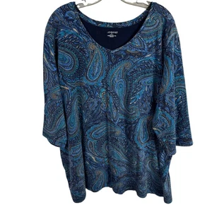 Catherines Women's Top Size 2X Blue Paisley Print 3/4 Sleeves V-Neck - Picture 1 of 6