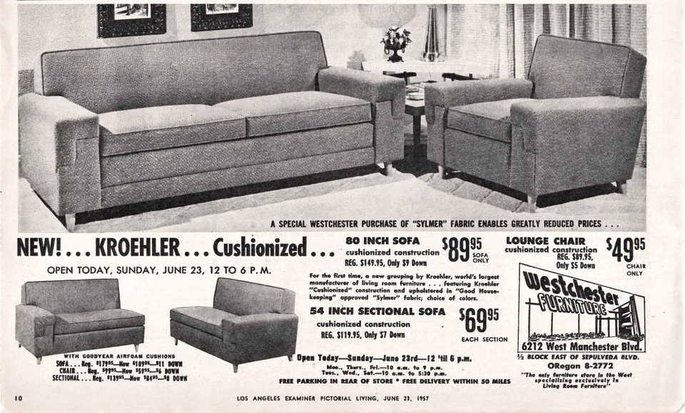 Kroehler Sofa Sectional Lounge Chair Westchester Furniture Los Angeles Print Ad - Image 1 of 1