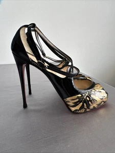 Christian Louboutin Black/Gold Patent Leather Criss Cross Peep Toe Heels 39 - Picture 1 of 6