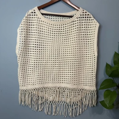 Elie Tahari Pandora 羊毛羊绒毛衣斗篷条纹。 开放式针织 奶油色。 XS — 第 1/4 张图片