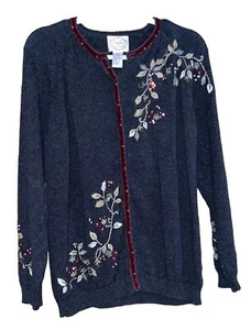 Stitches In Time Cardigan Womens Large Gray Embroidered Winter Floral Sweater - Picture 1 of 3