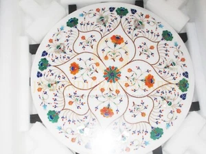 24" Round White Marble Table top Semi Precious Inlay Work Home Decor Christmas - Picture 1 of 5