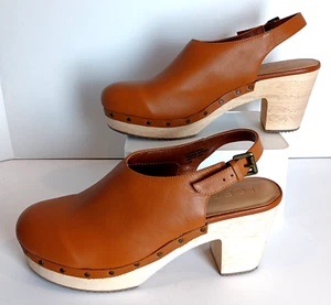 Ann Taylor LOFT Holz Plateau Clogs 11M (EU 42) braun Leder Slingback Boho EXC - Bild 1 von 10