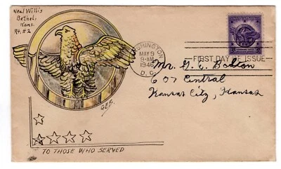 #940 Veterans of WWII 1946 FDC - Hand-Drawn G.Bolton - Image 1 of 2