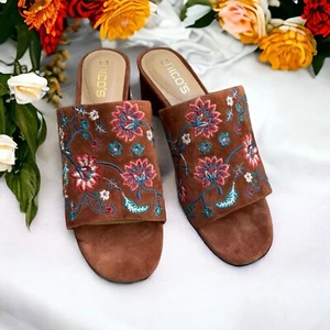 CHICO'S Wanda Shoes Womens Size 6 brown embroidered Leather Block heel Sandals - Picture 1 of 9