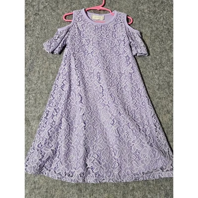 Btween Girls Lace Cold Shoulder Dress Purple Size 8 Flower Pattern - Image 1 of 4