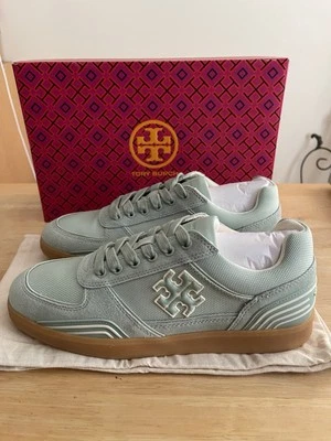NIB$248 Tory Burch Clover Court Leather Suede Sneakers in Aqua Mint Green Size 8 - Image 1 of 4