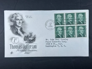 US FDC 1968 Thomas Jefferson 1¢ Block of 6 Prominent Americans IN b19 - Picture 1 of 4