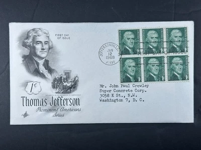 US FDC 1968 Thomas Jefferson 1¢ Block of 6 Prominent Americans IN b19 - Image 1 of 4