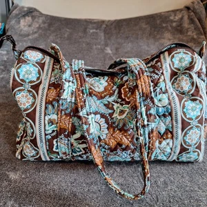 Vera Bradley Java Blue Duffel Bag Brown Teal Paisley Travel Vacation - Picture 1 of 15