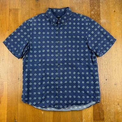 Club Monaco Slim Fit Navy Blue Short Sleeve Patterned Print Shirt Size Medium - Image 1 of 3