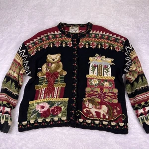 VTG Heirloom Collectibles Women’s XL Heavy Knit Cardigan Sweater Holidays Bears - Picture 1 of 11