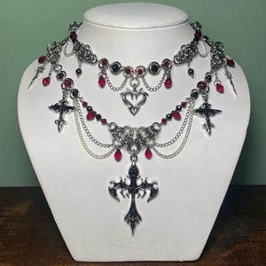 Gothic Cross Choker Necklace – Womens Punk Jewelry, Halloween Costume Accessory - Picture 1 of 30