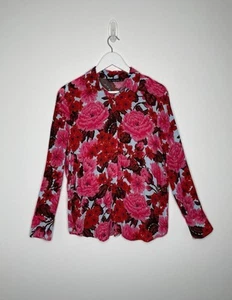 Zara Red Pink Floral Print Long Sleeved Blouse Shirt Top Bright Button Up Size M - Picture 1 of 7