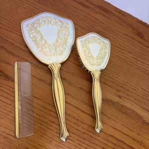 Vintage Embroidered Gold Tone 3 Piece Mirror Comb Hair Brush Vanity Set Made USA - Picture 1 of 10