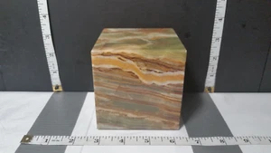 Polished Onyx - Cube, 3.5x3.5x3.5 Brown Gold Green Banded Vintage Made in Italy - Picture 1 of 8