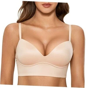 Women's Push Up Wireless Bra Padded T Shirt Bras No Underwire Plunge 34B Beige - Picture 1 of 7