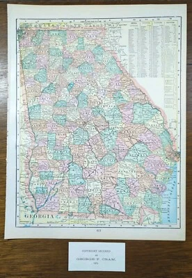Mapa GEORGIA 1903 11"x14" ~ Antiguo Antiguo Original COLUMBUS SAVANNAH GA Foto 1 de 4
