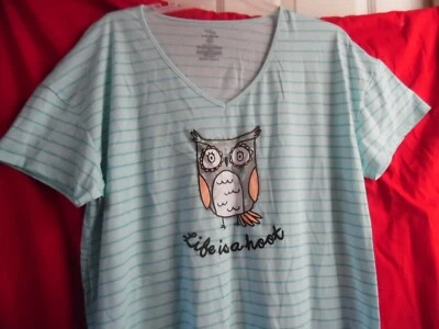 -AQUA BLUE STRIPE OWL LIFE IS A HOOT SLEEP SHIRT DRESS CHEMISE NIGHTGOWN 2X 3X - Image 1 of 4