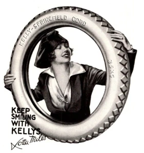 Neumáticos antiguos de 1919 Ad Kelly Springfield Cord Keep Smiling Kellys Lotta millas - Imagen 1 de 3