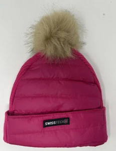 NEW SwissTech L-XL Girls Pink Lined Knit Beanie Hat with Pom Extra Large - Picture 1 of 4