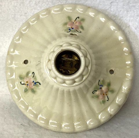 ANTIQUE CERAMIC LIGHT FIXTURE,PINK FLOWER DESIGN,VINTAGE,SINGLE BULB,GLAZE WHITE Cover