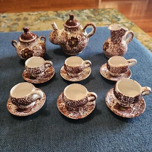 Vintage Child's Tea Set Spongeware Stoneware Play Set 17 Pieces Brown - Picture 1 of 16