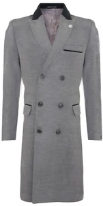 Mens 3/4 Long Double Breasted Grey Overcoat Wool Coat Peaky Blinders - Picture 1 of 5