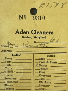 Denton Maryland Vintage Billhead Aden Cleaners Dry Cleaning Ticket 1950 - Picture 1 of 2