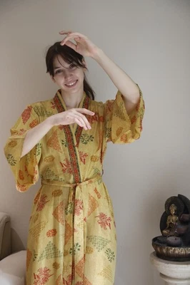 Pure Silk Midi Kimono Robe Knee Length Gown Silk Kimono Robe Yellow PS MKMO2103 - Image 1 of 4