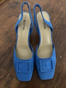 JustFab Womens Jacqueline Faux Suede Square Toe Slingback Pumps Blue Sz 7.5 NWOT - Picture 1 of 10