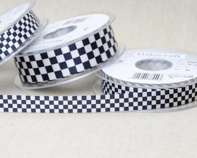 Chequered Ribbon Flag Black and White Check Berisfords Satin 15mm 25mm Wide