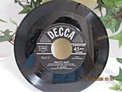 45 RPM Record Al Jolson 1950's -Pretty Baby- Baby Face- +1 more Decca Label Foto 1 de 4