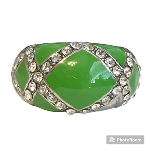 Vintage Green Enamel Cocktail Ring Silver Plated Crystal Rhinestone Size 8 Boho - Picture 1 of 13